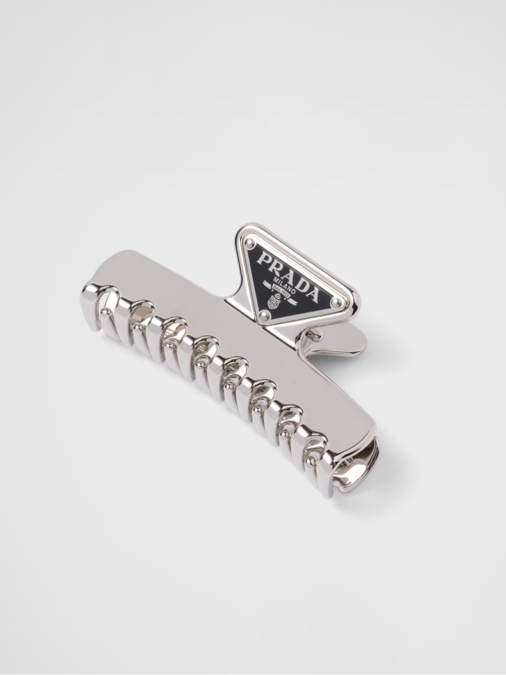 Prada Silver Metal Hair Claw Clip with Black Logo Triangle - Picture 1 of 10